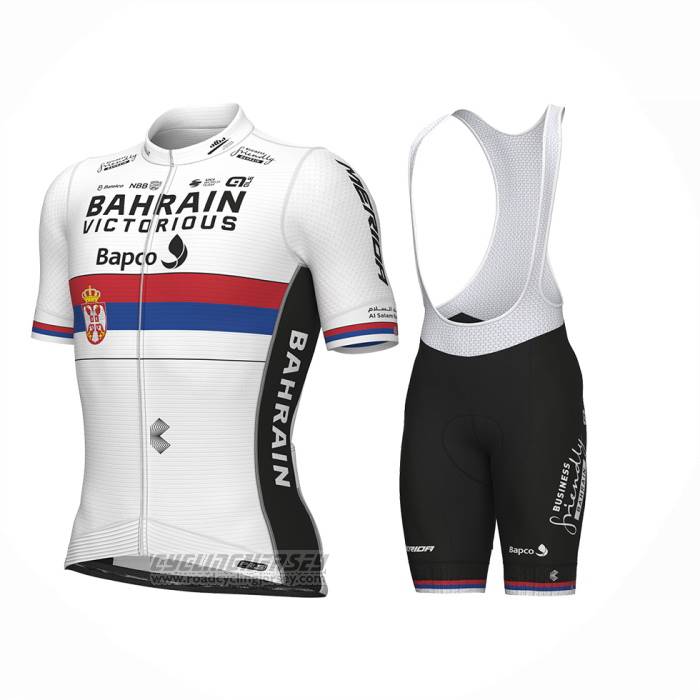 2023 Cycling Jersey Serbian Champion Bahrain Victorious White Red Blue Short Sleeve and Bib Short